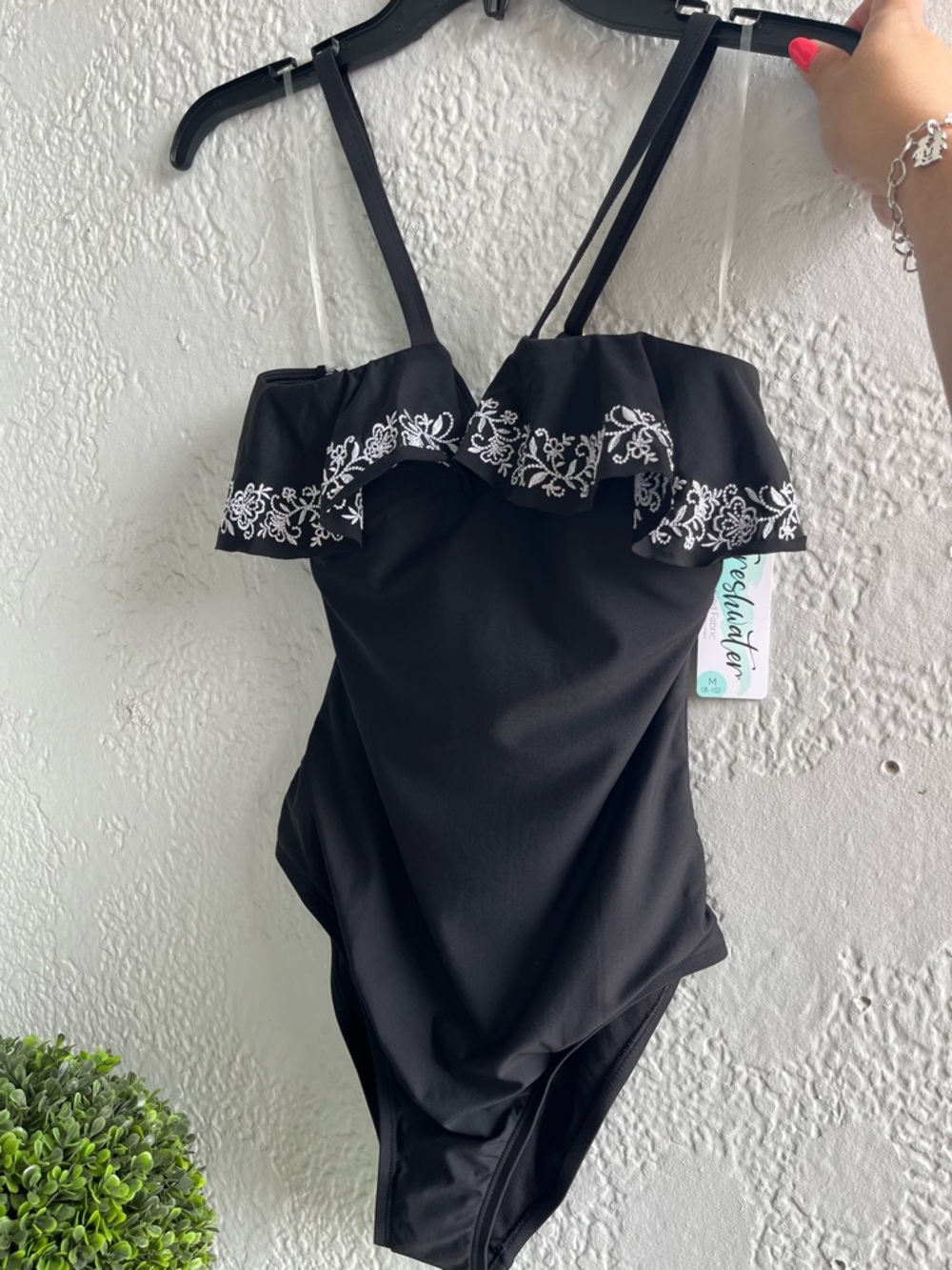 Black One-Piece Swimsuit with White Embroidered Ruffle NWT